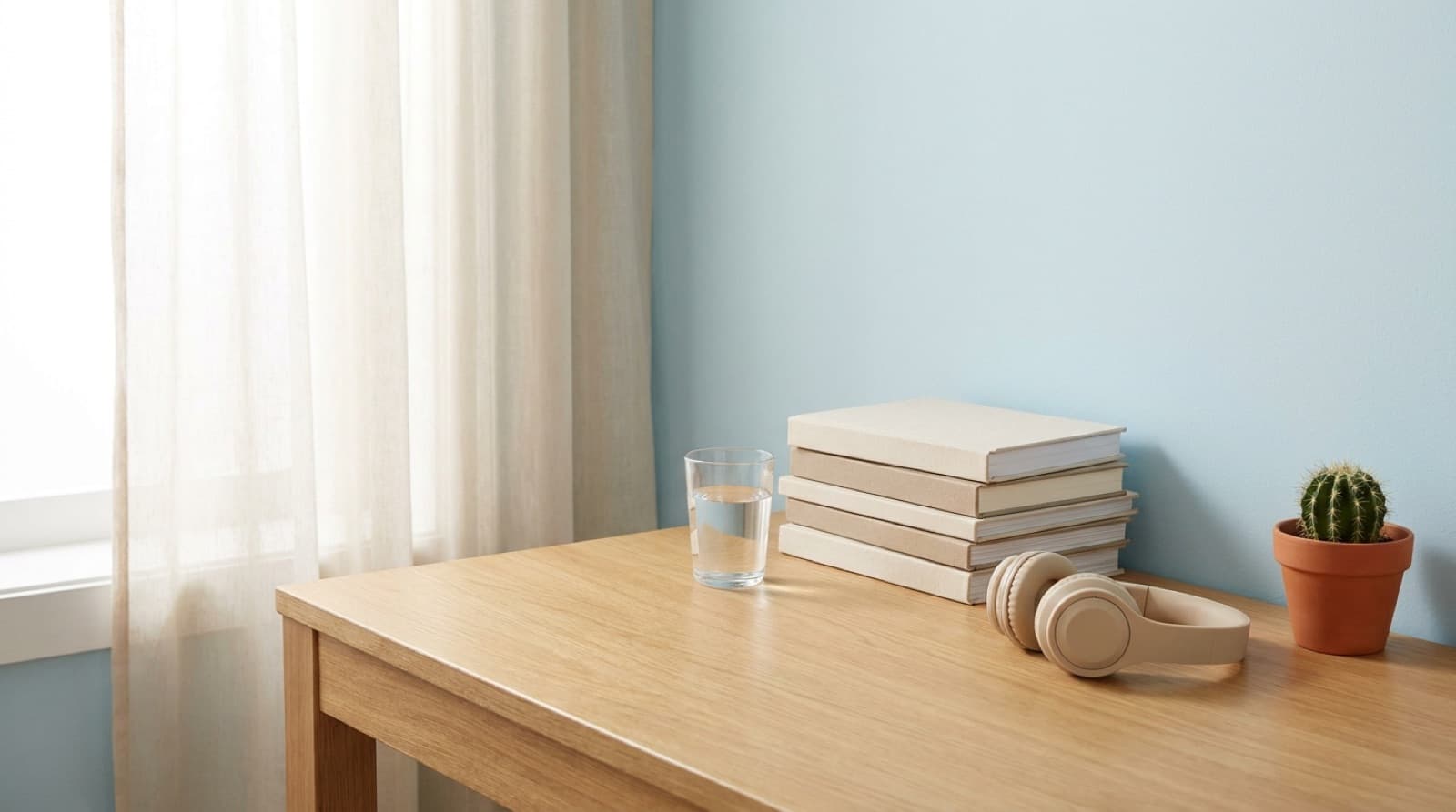 Aufgeräumter Schreibtisch vor einem hellen Fenster mit einem Stapel Bücher, einem Glas Wasser, Kopfhörern und einem kleinen Kaktus