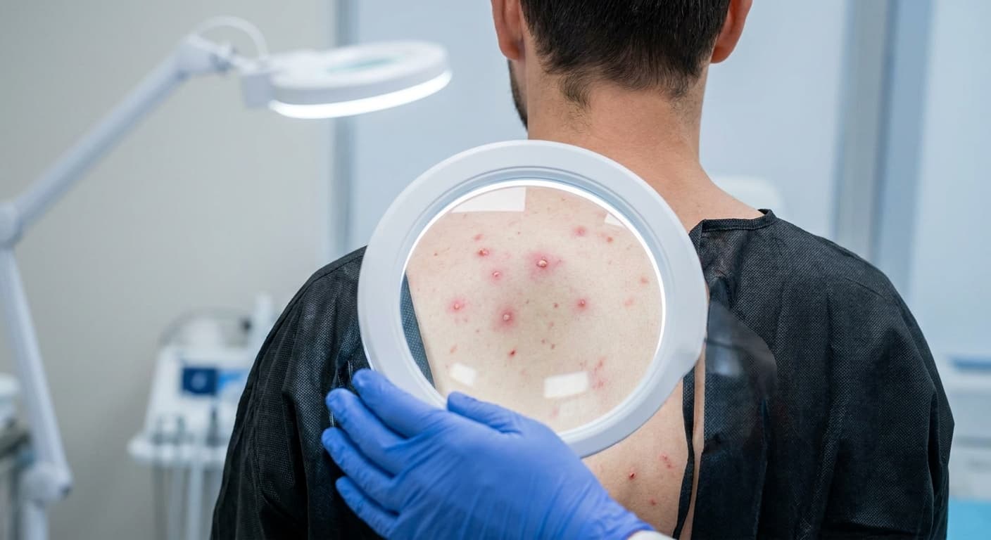 Hautärztin untersucht Akne am Rücken mit einer Lupenleuchte