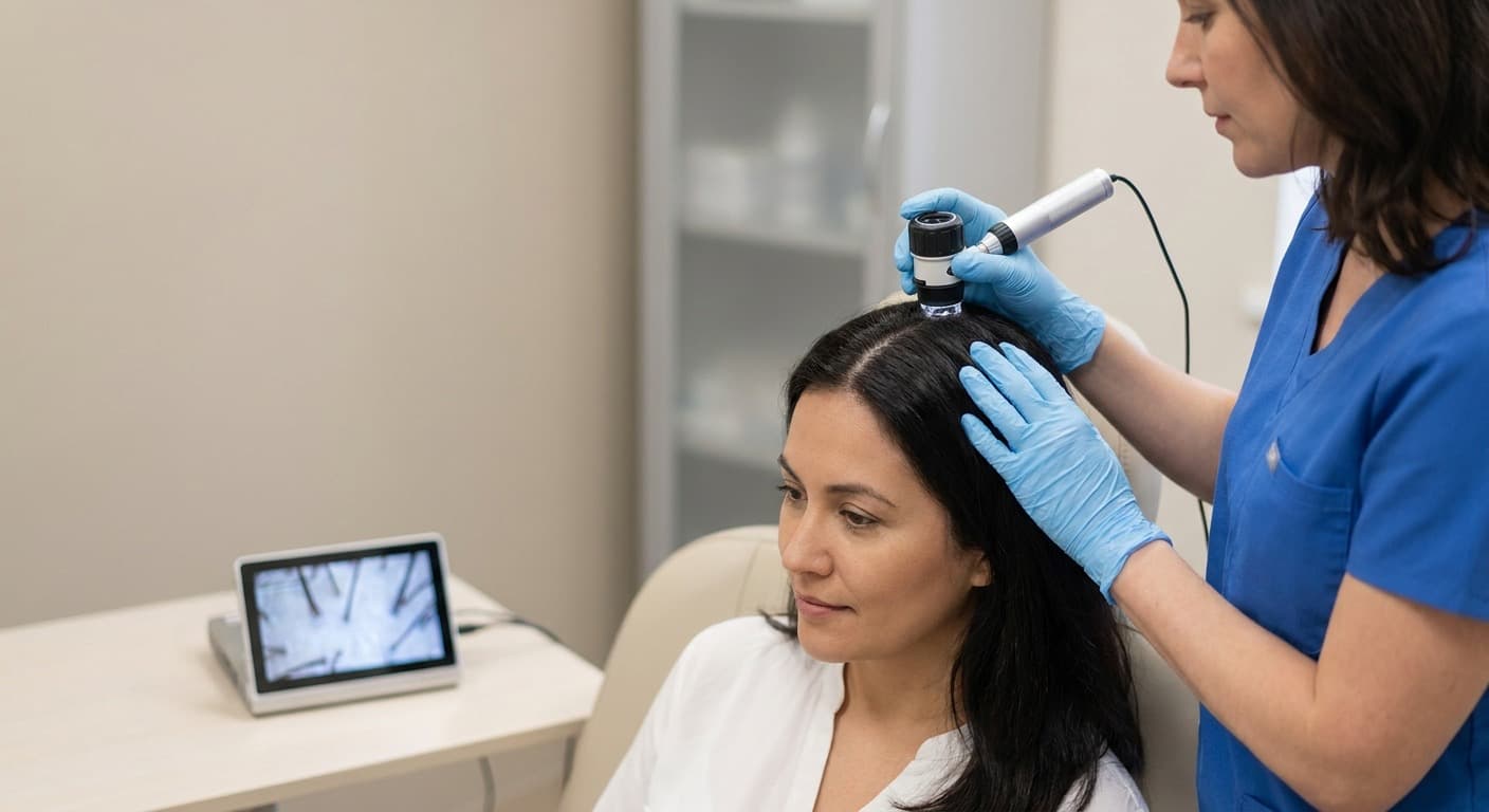 Dermatologin untersucht die Kopfhaut einer Patientin mit einem Trichoskop