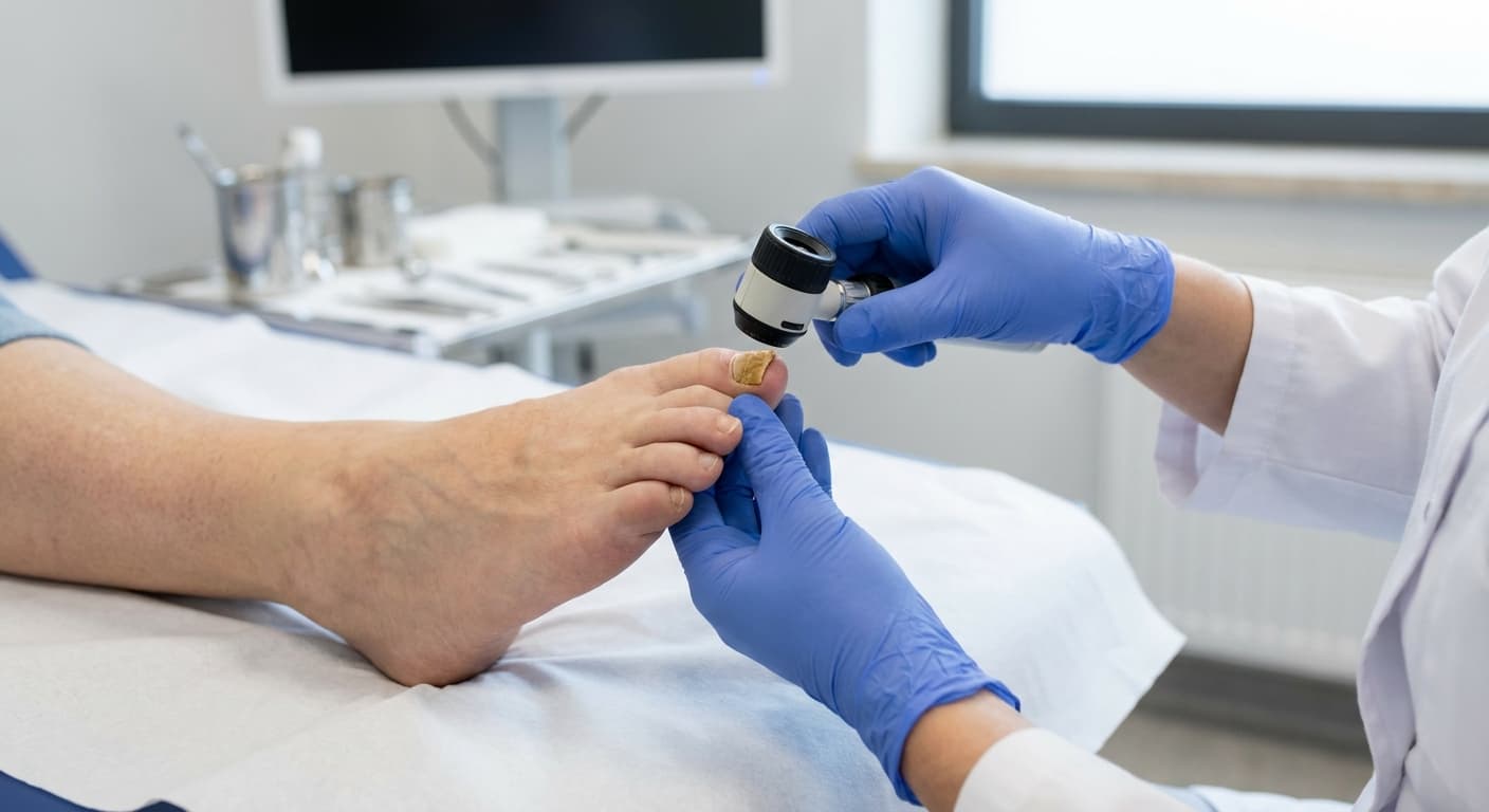 Hautärztin untersucht einen vom Nagelpilz befallenen Zehennagel mit dem Dermatoskop